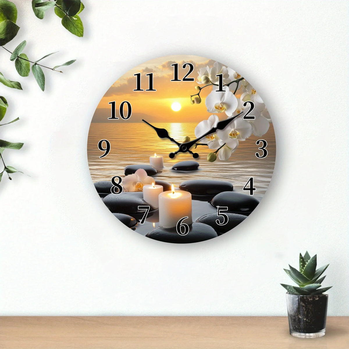 Title: Sunset Orchid Wall Clock – Floral Round Clock for Home Décor