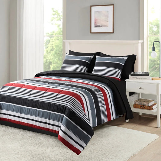 7 Piece Reversible Bedding Set Queen Comforter Sheets Pillowcases Shams Soft Polyester Machine Washable Unisex Storage Bag
