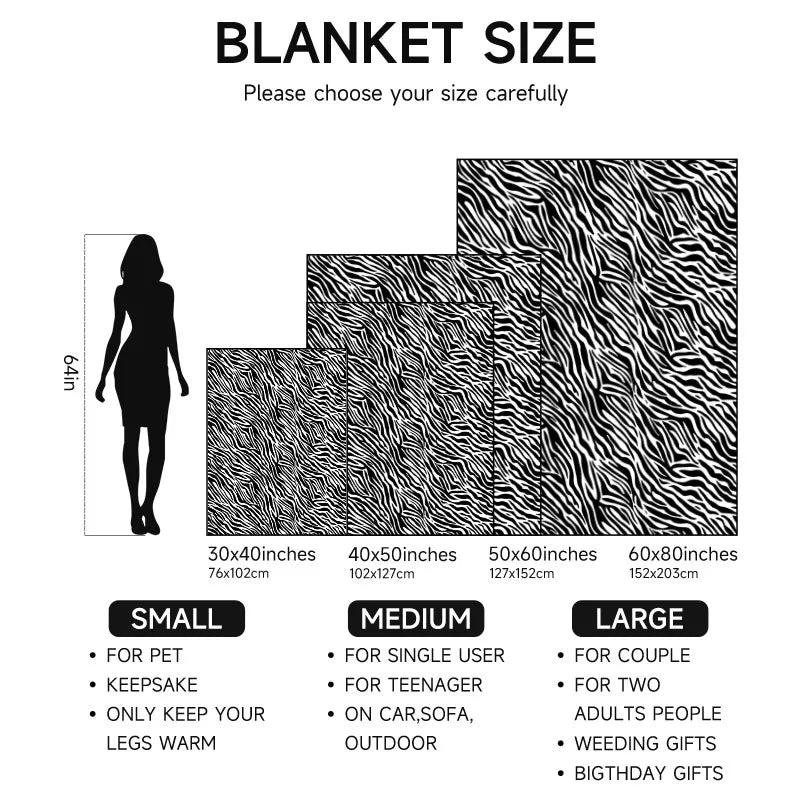 1 piece zebra print flannel blanket, black and white, soft, suitable for sofa, bed, office, all-season use.