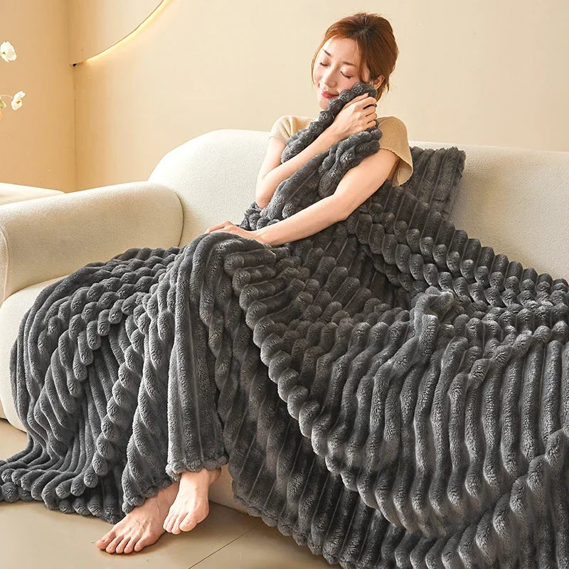 Cozy Striped Velour Blanket – Ultra Soft Warm Ribbed Plush Throw, Ideal for Sofa, Nap, Office, Travel, All Season Use, Machine Washable