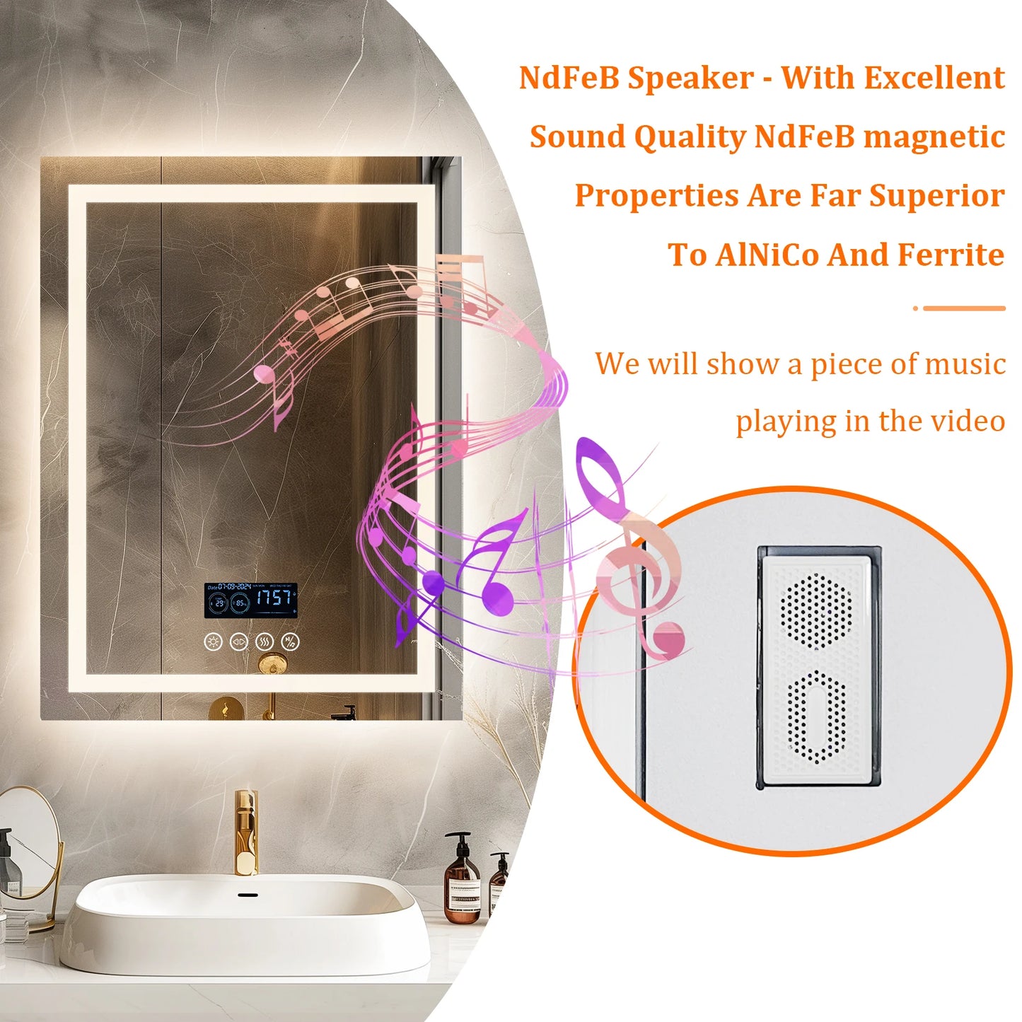 Square LED Lighted Bathroom Mirror With Bluetooth Speaker