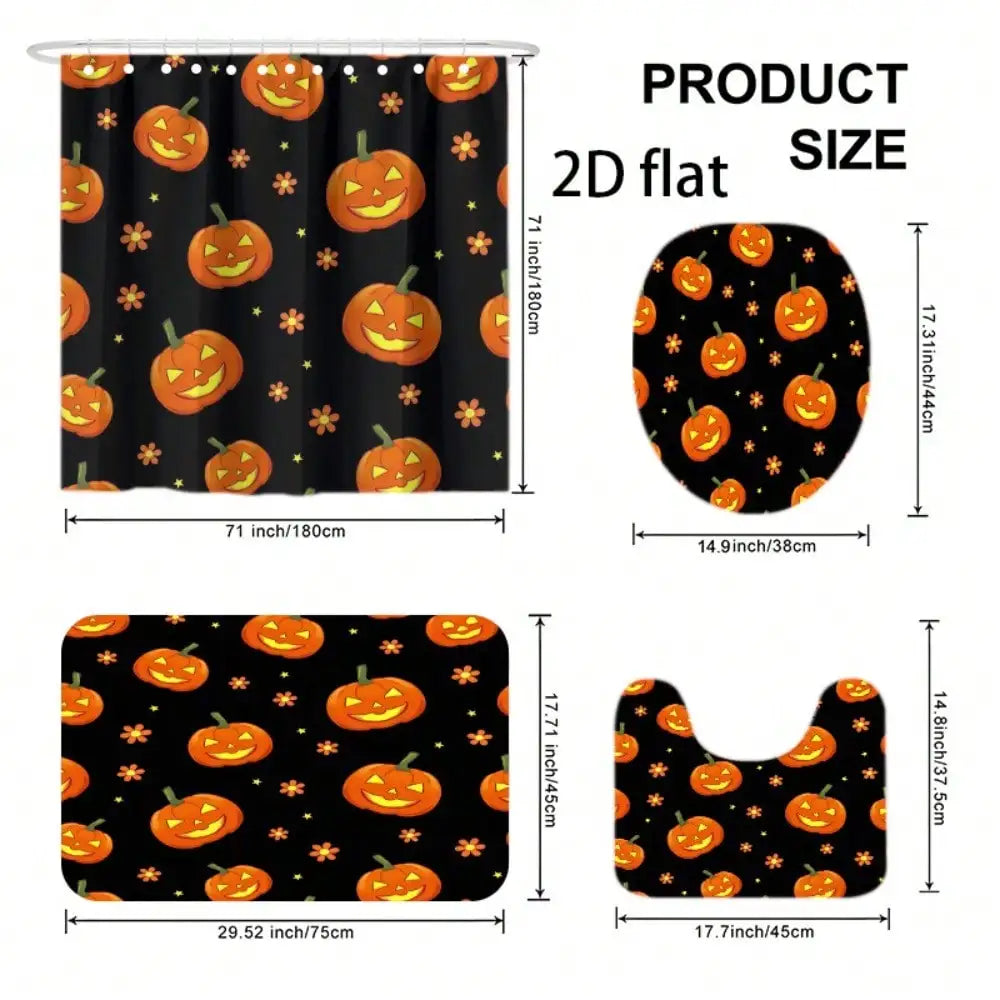 4-Piece Halloween Pumpkin Bathroom Decor Set .Jack-O’-Lantern Shower Curtain, Bath Mat & Toilet Cover
