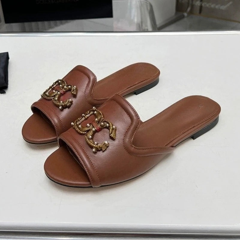 Women’s Genuine Leather Metal Accent Slide Sandals .Luxury European Style Slip-On Flats  Description: