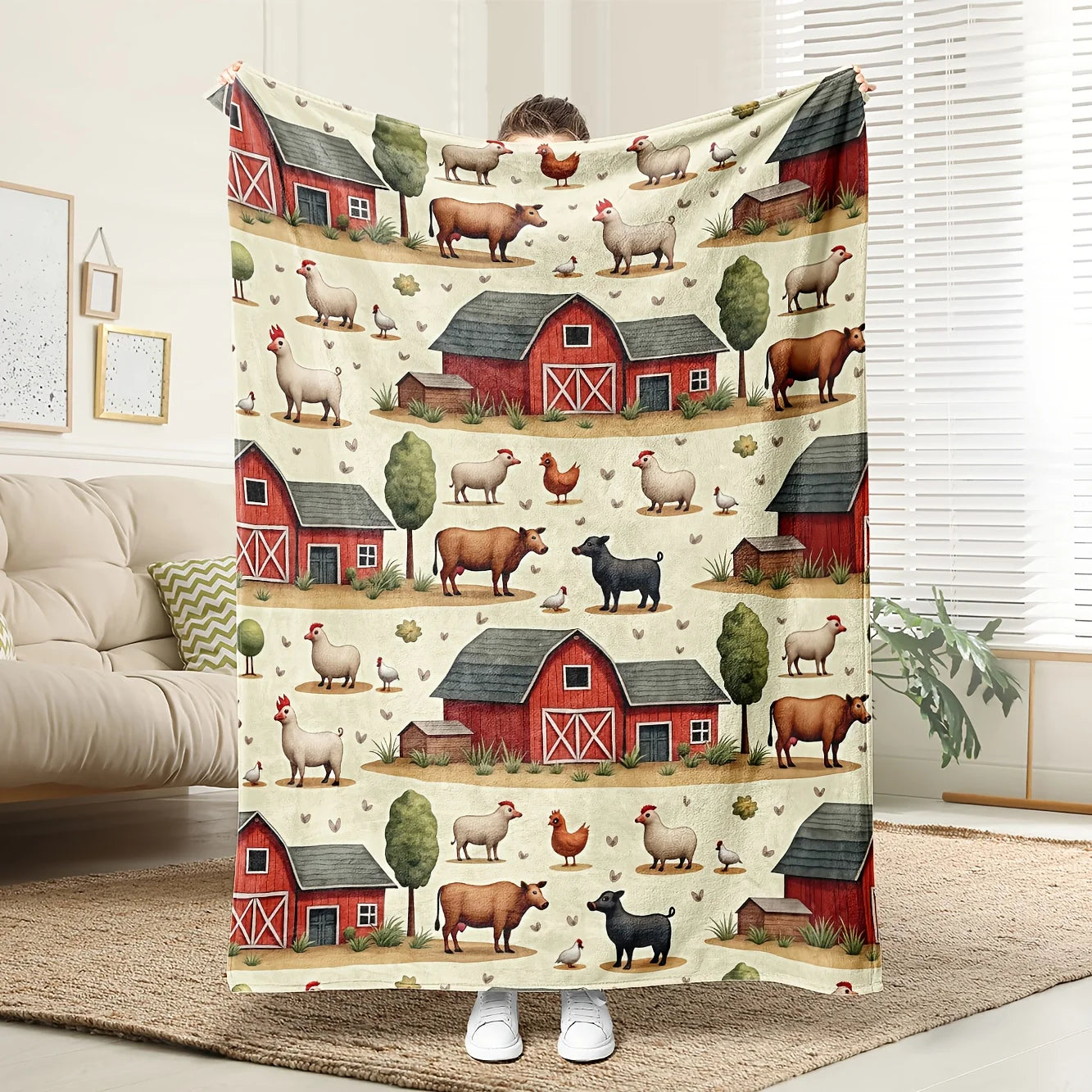 Farmhouse Country Animal Throw Blanket. Cozy Rustic Barn Print Flannel Blanket