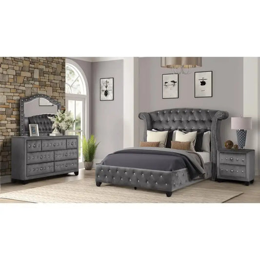Modern Crystal Tufted Queen Bedroom Set - 4 Pieces: Bed, Nightstand, Dresser, Mirror - Velvet Upholstery, Wood Frame, Gray