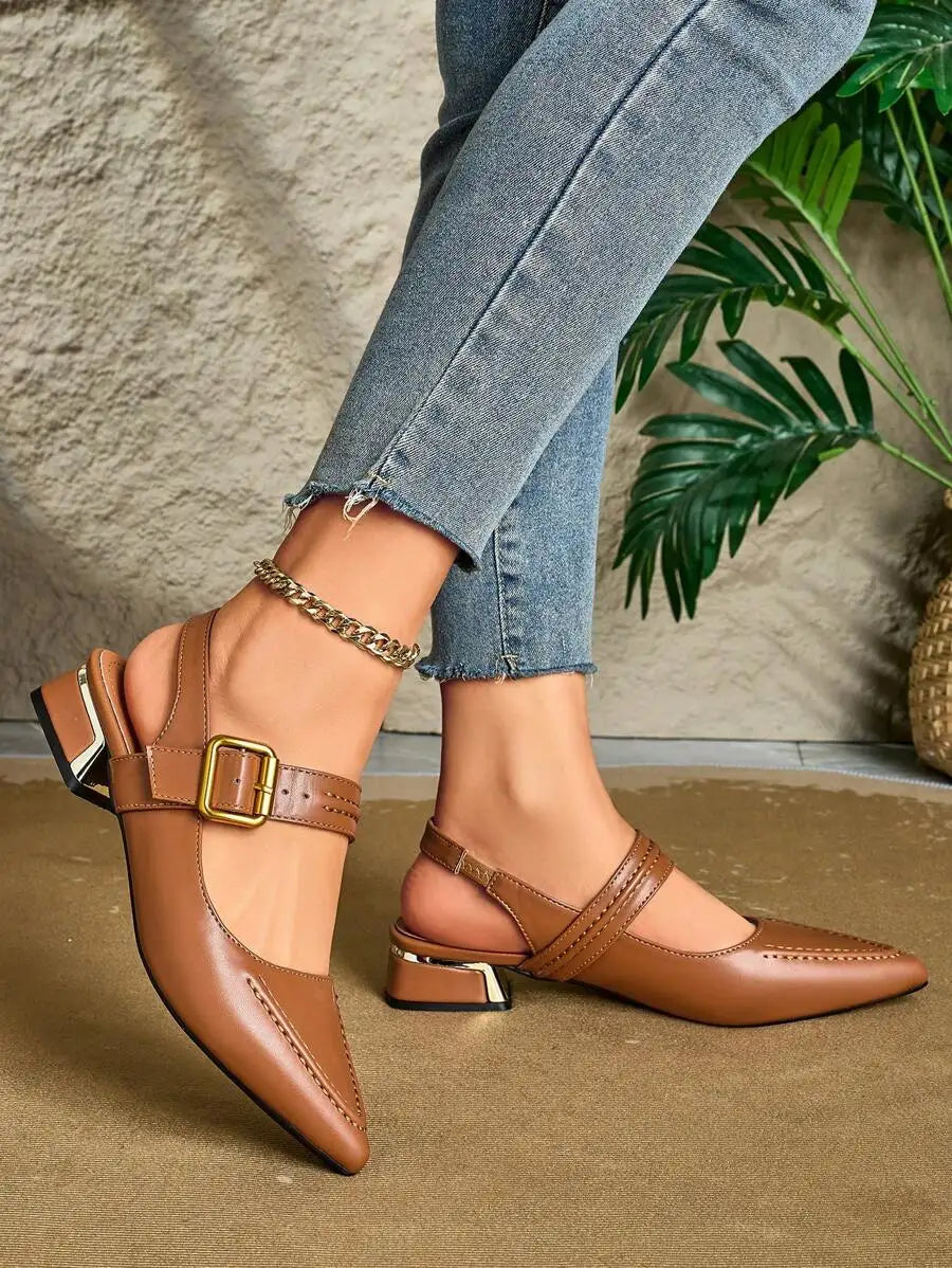 2025 Autumn Women's Pointed Toe Metal Heeled Stylish Slip-On Mule Shoes Backless Loafer Slip-On Flats