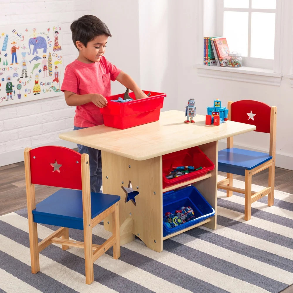 Wooden Star Table Chair Set with 4 Storage Bins Kids Playroom Craft Supplies Safe Design Ages 3 Years