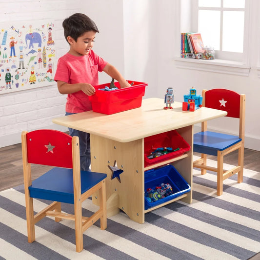 Wooden Star Table Chair Set with 4 Storage Bins Kids Playroom Craft Supplies Safe Design Ages 3 Years