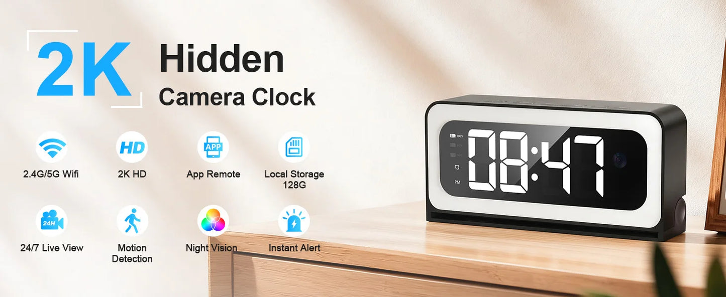 Wesecuu Smart Clock Camera, 2K Indoor Cameras for Home Security, Nanny Camera 5G WiFi Security Cameras Wireless, Two-Way Talk,