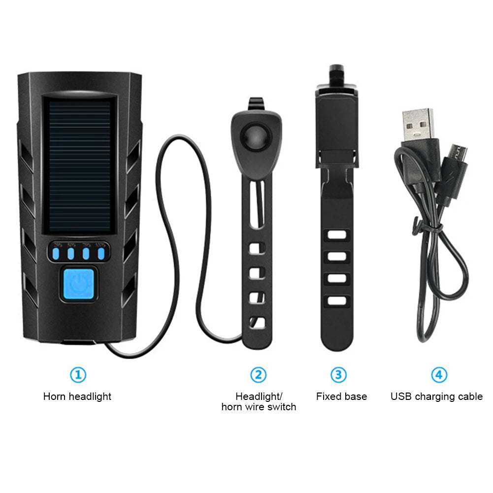 Solar Power Bicycle Headlamp USB Rechargeable LED Cycling Lantern Power Display High Beam Bicycle Flashlight Bicycle Accessories