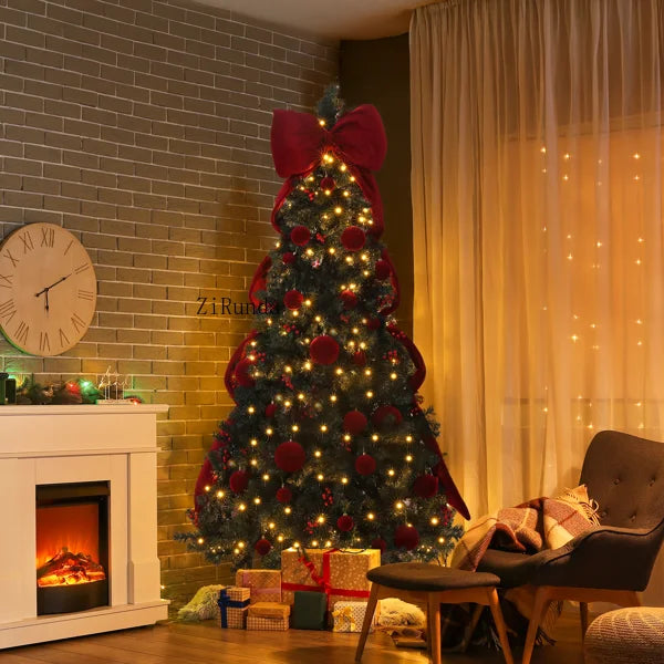 7.5 FT Pre-Lit Artificial Christmas Tree – 300 Warm White LED Lights with Red Ribbon, Holiday Home Décor & Metal Stand