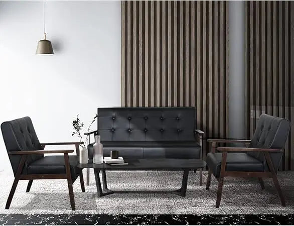 Leather Sofa Couch Set 2 Accent Chairs & 1Loveseat Black Faux Leather Loveseats Mid Century Modern Office Couch for Small Space
