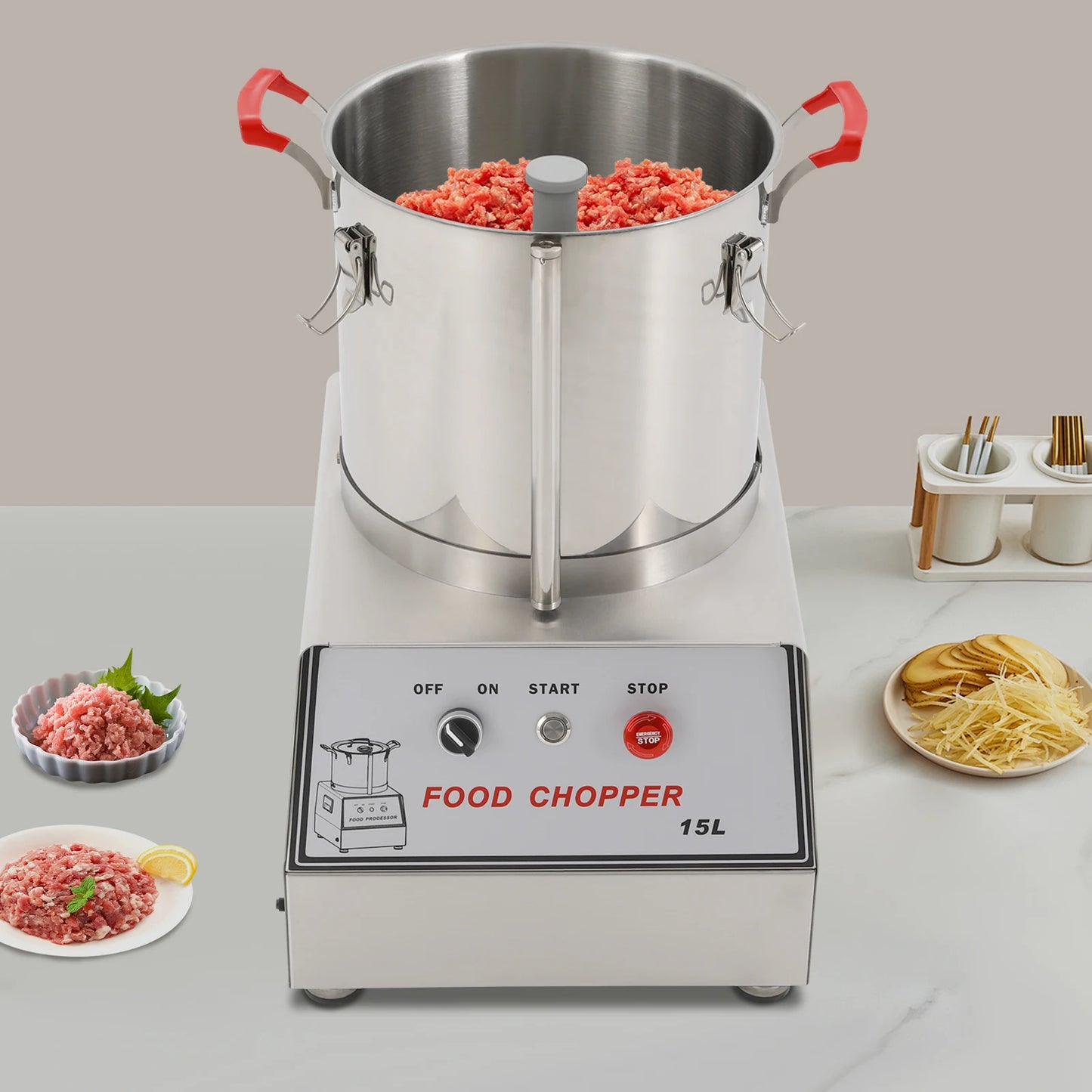 15L 201 Stainless Steel Silver Food Processor Chopping Machine 110V ,Tabletop 1400rpm for Restaurants, Cafeterias