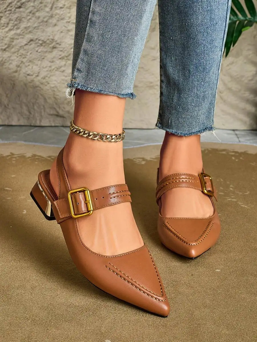 2025 Autumn Women's Pointed Toe Metal Heeled Stylish Slip-On Mule Shoes Backless Loafer Slip-On Flats