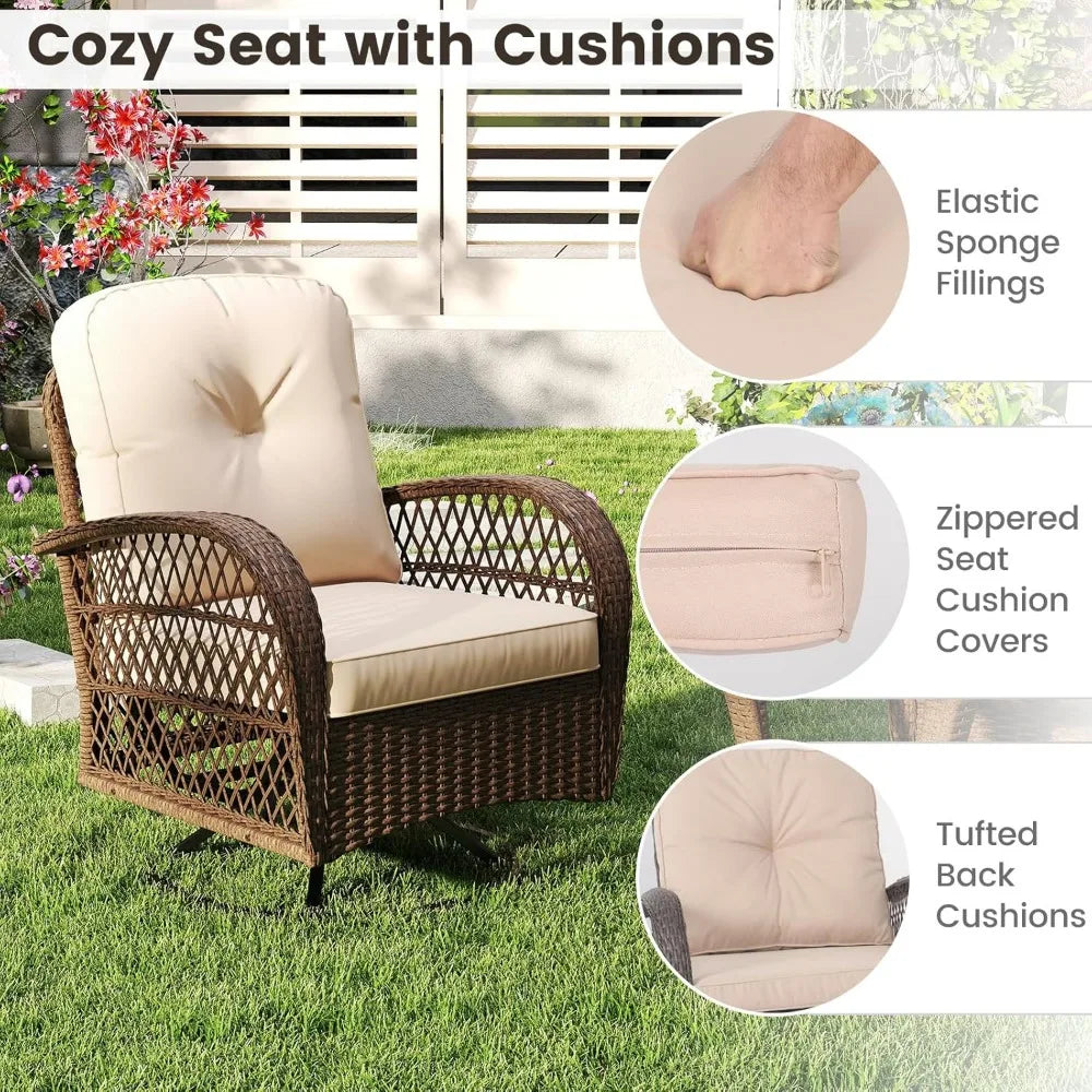 3 Pieces Wicker 360° Swivel Rocker Set Patio Furniture, Rocking Chairs with Cushions, Tempered Glass Coffee Table, Outdoor Ratt