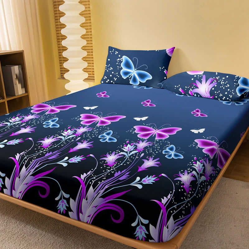 Butterfly Floral Fitted Sheet .Soft Stretch Mattress Cover