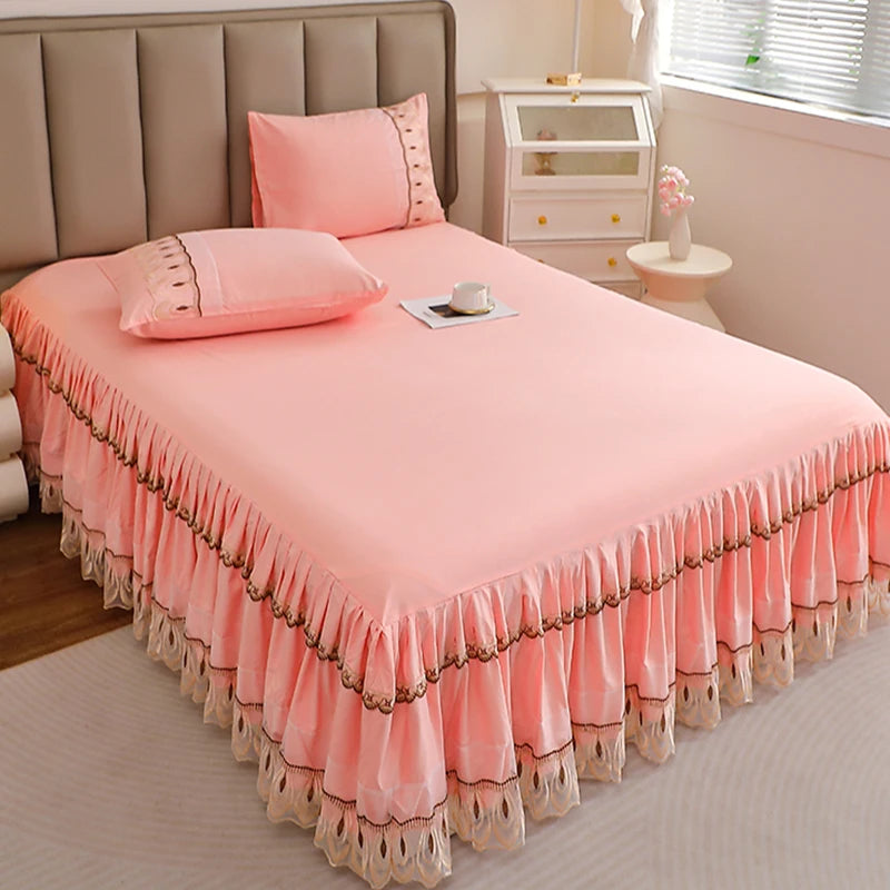 Elegant Solid Color Lace Bed Skirt Set