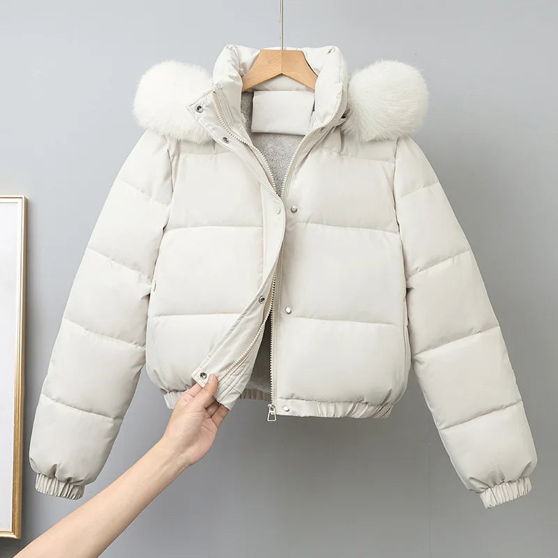 Women's Short Hooded Puffer Jacket. Cotton-Padded Winter Parka with Faux Fur Trim