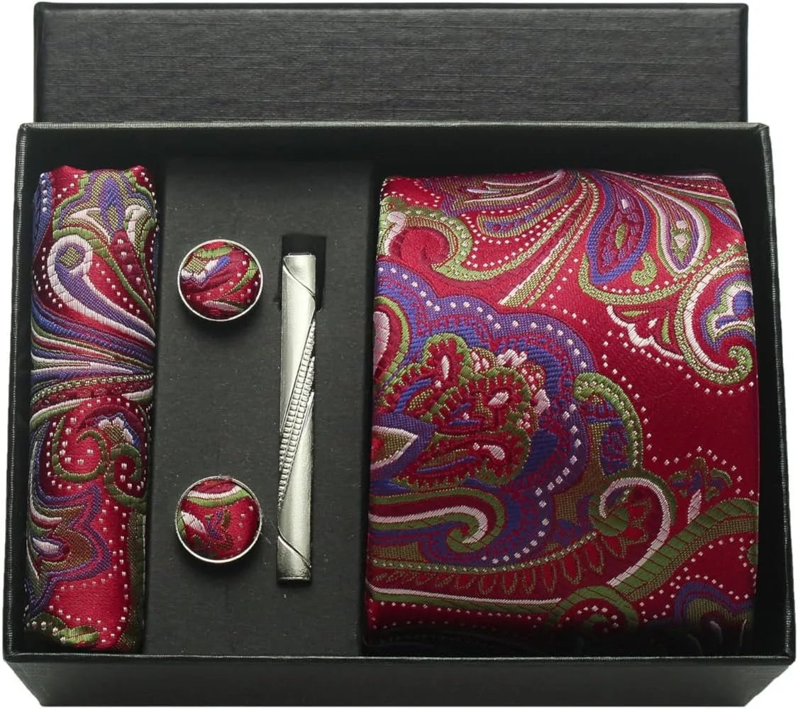 Luxury 100% Silk Paisley Floral Men’s Necktie Set | Business Tie with Matching Pocket Square & Formal Accessories