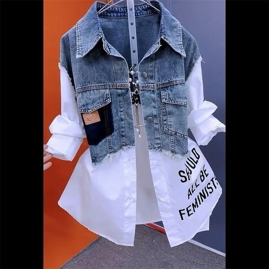 BWQ New Splicing Denim Jacket Women Spring Autumn Korean Fashion Denim Shirt Ladies Tops Casual Jean Coat Female Windbreaker