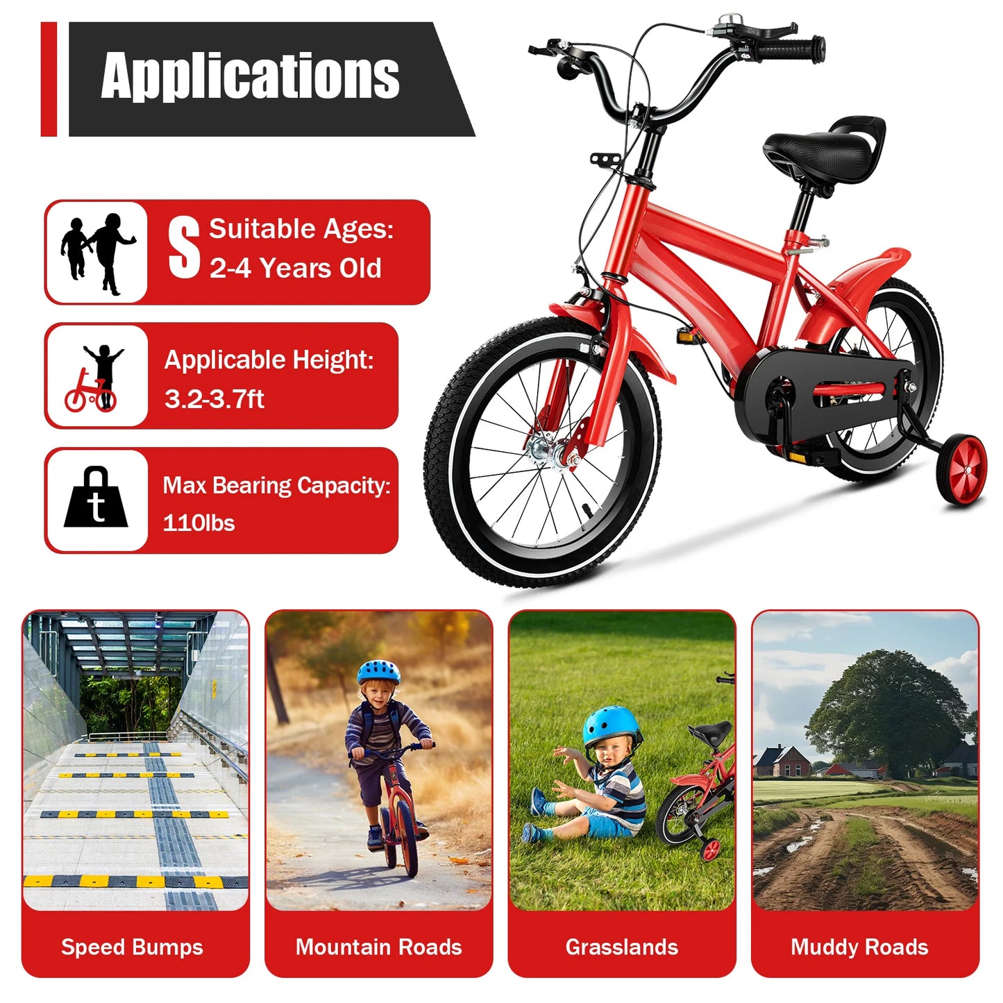 14 Inch Children’s Bicycle with Training Wheels .Kids Bike for Ages 2–5, Adjustable Seat & Handlebars, Boys & Girls