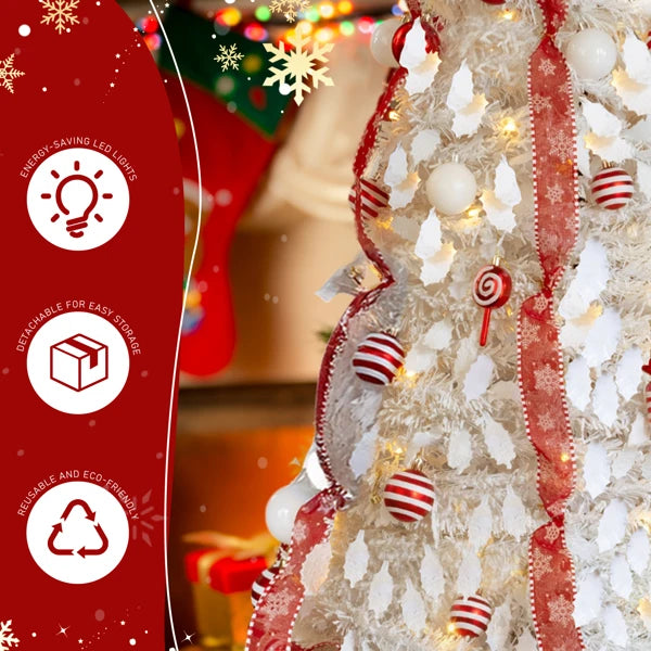 7 FT Fully Decorated Pre-lit Christmas Tree, Pop Up Artificial Xmas Tree with 170 Warm Lights and Red Ornaments for Home Office Store Holiday Deco, White