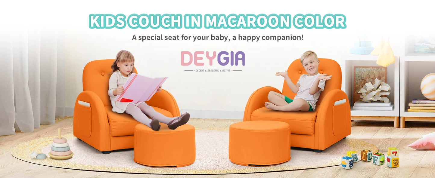 Kids Couch, Toddler Chair with Ottoman, Toddler Couch with 5 Adjustable Backrests, Leatherette Sofa Chair is Waterproof