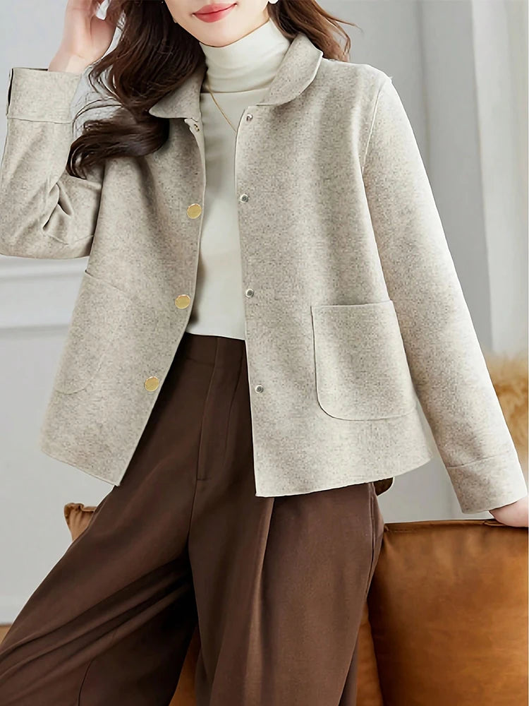Women's Short Woolen Coat. Classic Button-Front Autumn & Winter Jacket