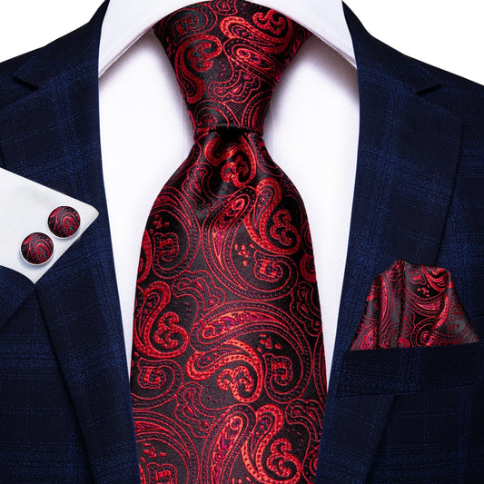 Luxury Burgundy Paisley Men’s Tie Set. Silk Formal Necktie & Pocket Square