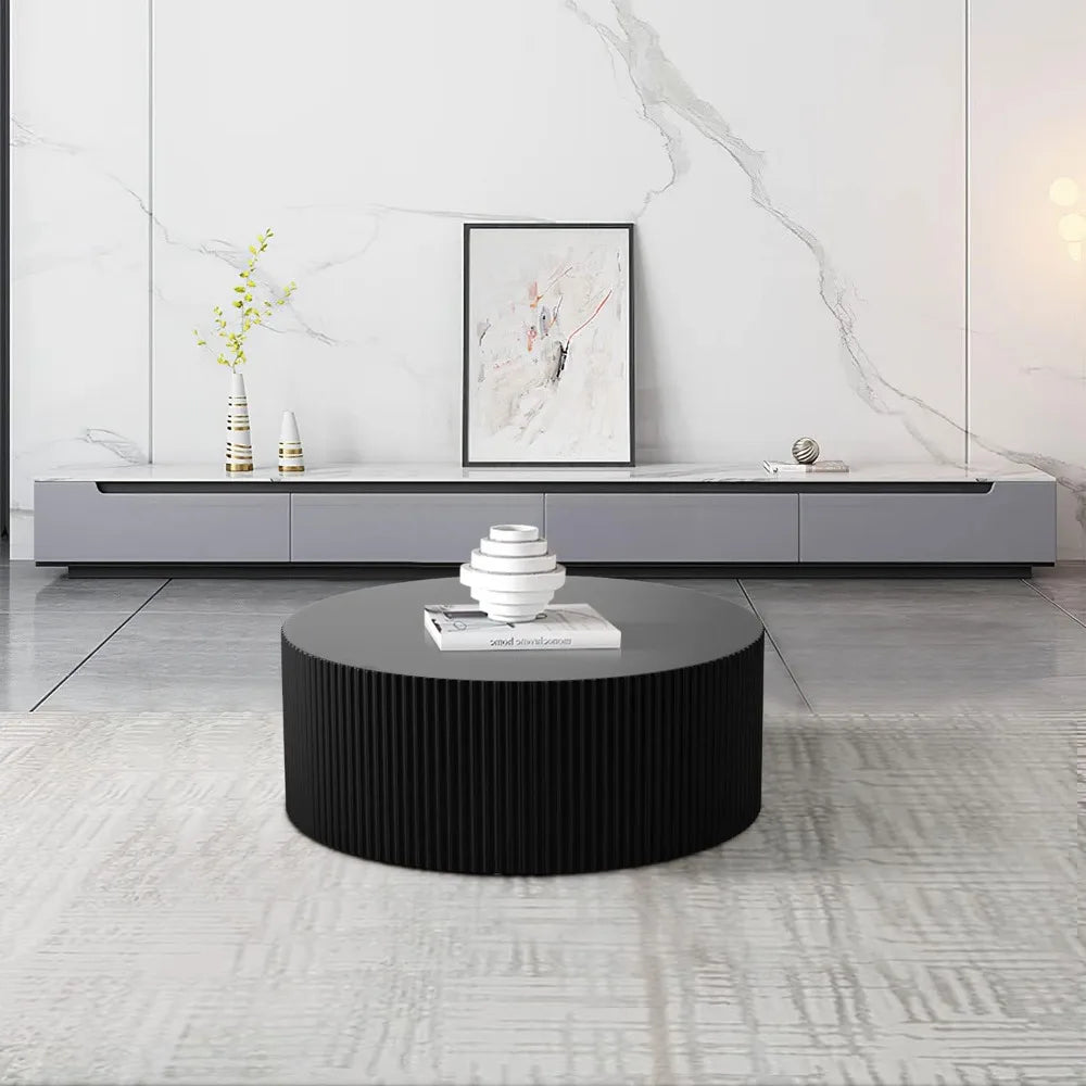Round Coffee Table, Modern Black Side Table End Table for Living Room, Wood Circle Drum Coffee Table with Handcrafted Relief,
