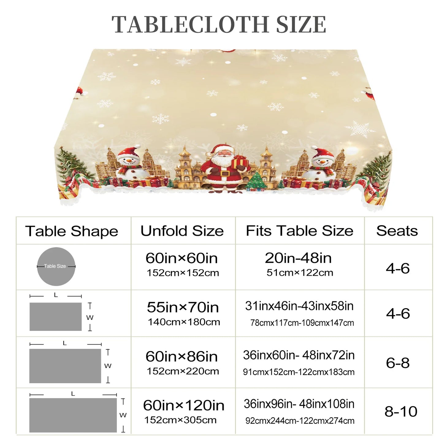 1 Piece Christmas Round and Rectangular Tablecloth, Various Sizes