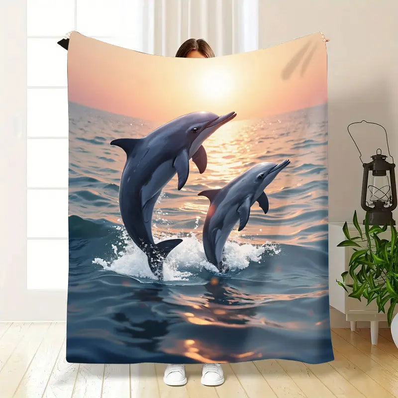 1pc Flannel Blanket Dolphins at Sunset Soft Blanket - Ocean Scene Cozy Throw for Bed or Couch