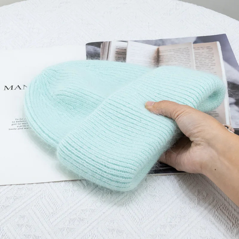 Warm Cashmere Wool Beanie For Women Rabbit Fur Threefold Cap