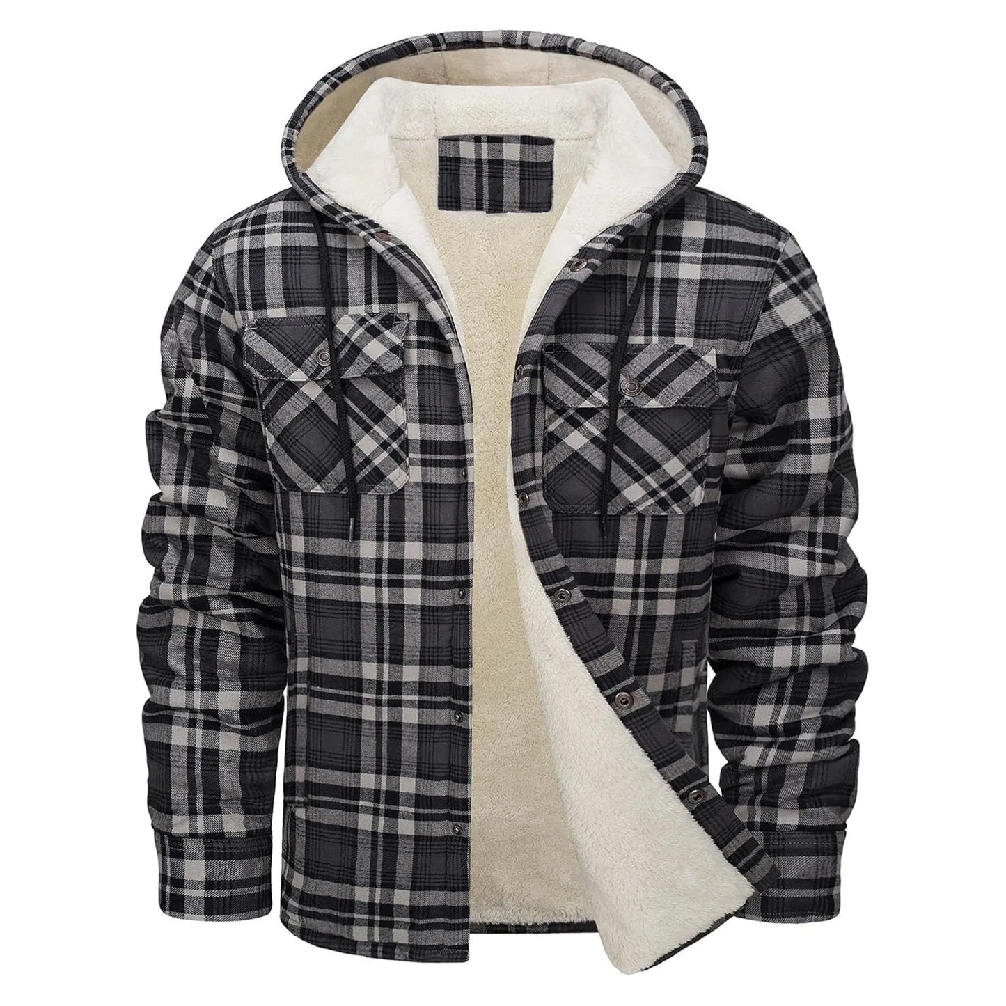 Thick Warm Flannel Hooded Jacket Mens Sherpa Fleece Lined Winter Coats Button Down Fashion Casual Plaid Shirt Jacket With Pocket