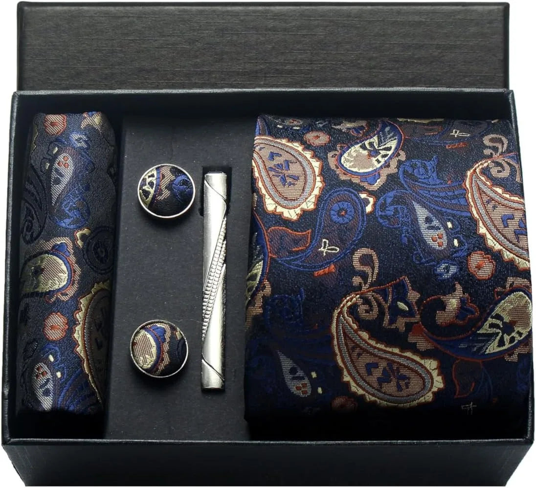 Luxury 100% Silk Paisley Floral Men’s Necktie Set | Business Tie with Matching Pocket Square & Formal Accessories