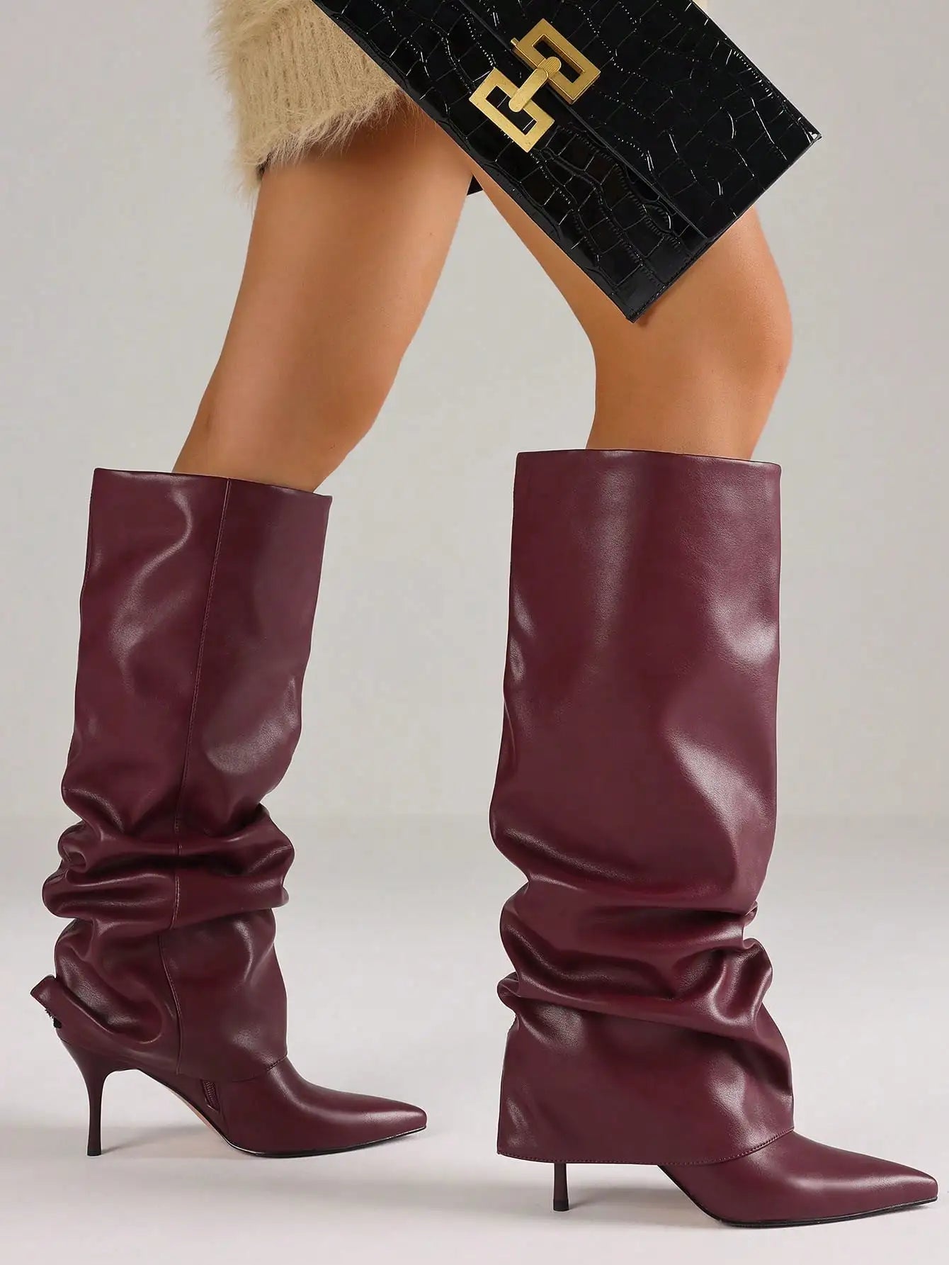 Women Fold Over Boots Knee High Stiletto Ruched Slouchy Pointed Toe Winter Boots Sexy Party Nightclub Office Lady Shoes