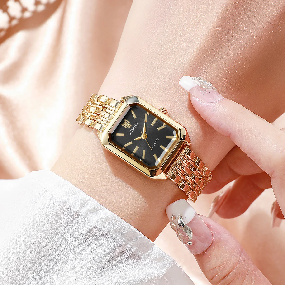 Elegant Women’s Rectangular Quartz Watch. Stainless Steel Bracelet Fashion Timepiece