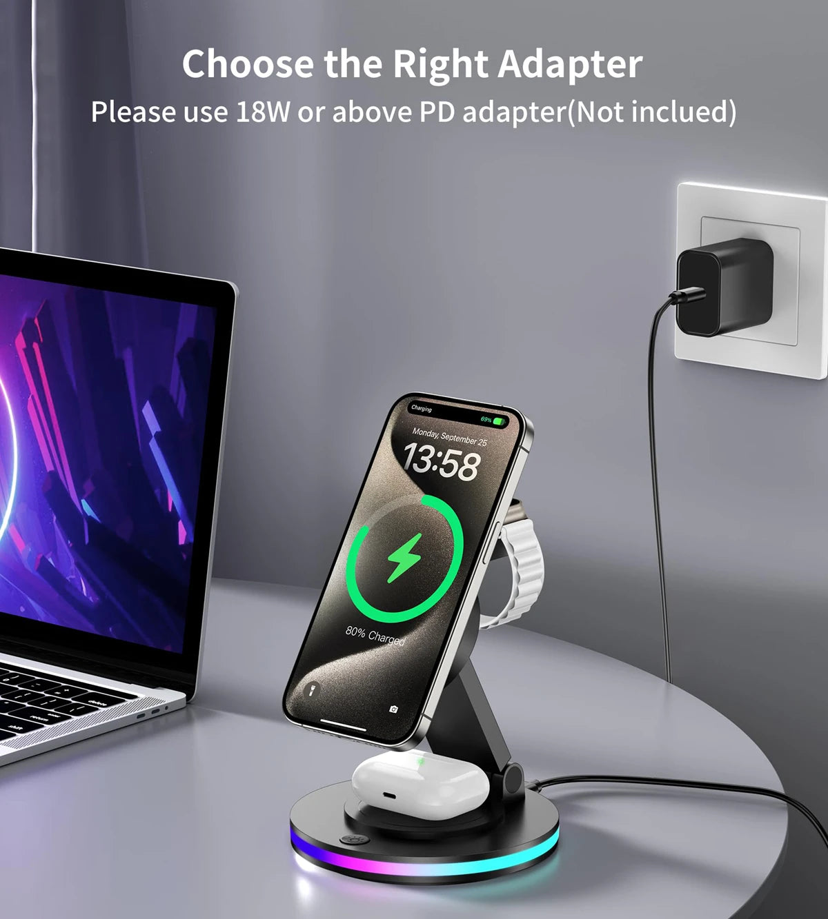 4 in 1 Wireless Charging Station For iPhone 16 15 14 13 12 For MagSafe Magnetic Charger Rotatable Holder Dock With Ambient Light