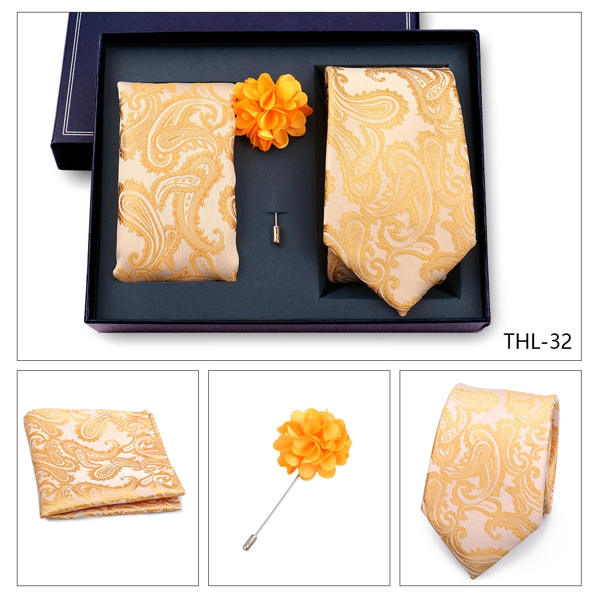 Luxury Men’s Paisley Necktie Gift Set. Silk Tie, Pocket Square, Cufflinks & Gift Box for Weddings & Business