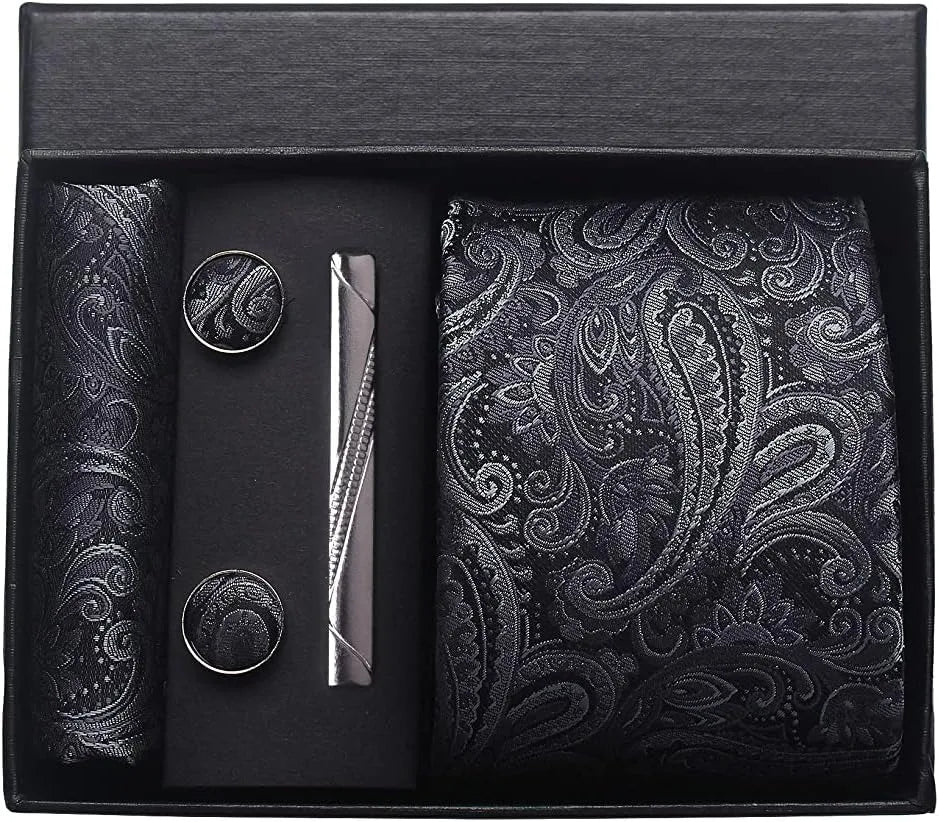 Luxury 100% Silk Paisley Floral Men’s Necktie Set | Business Tie with Matching Pocket Square & Formal Accessories