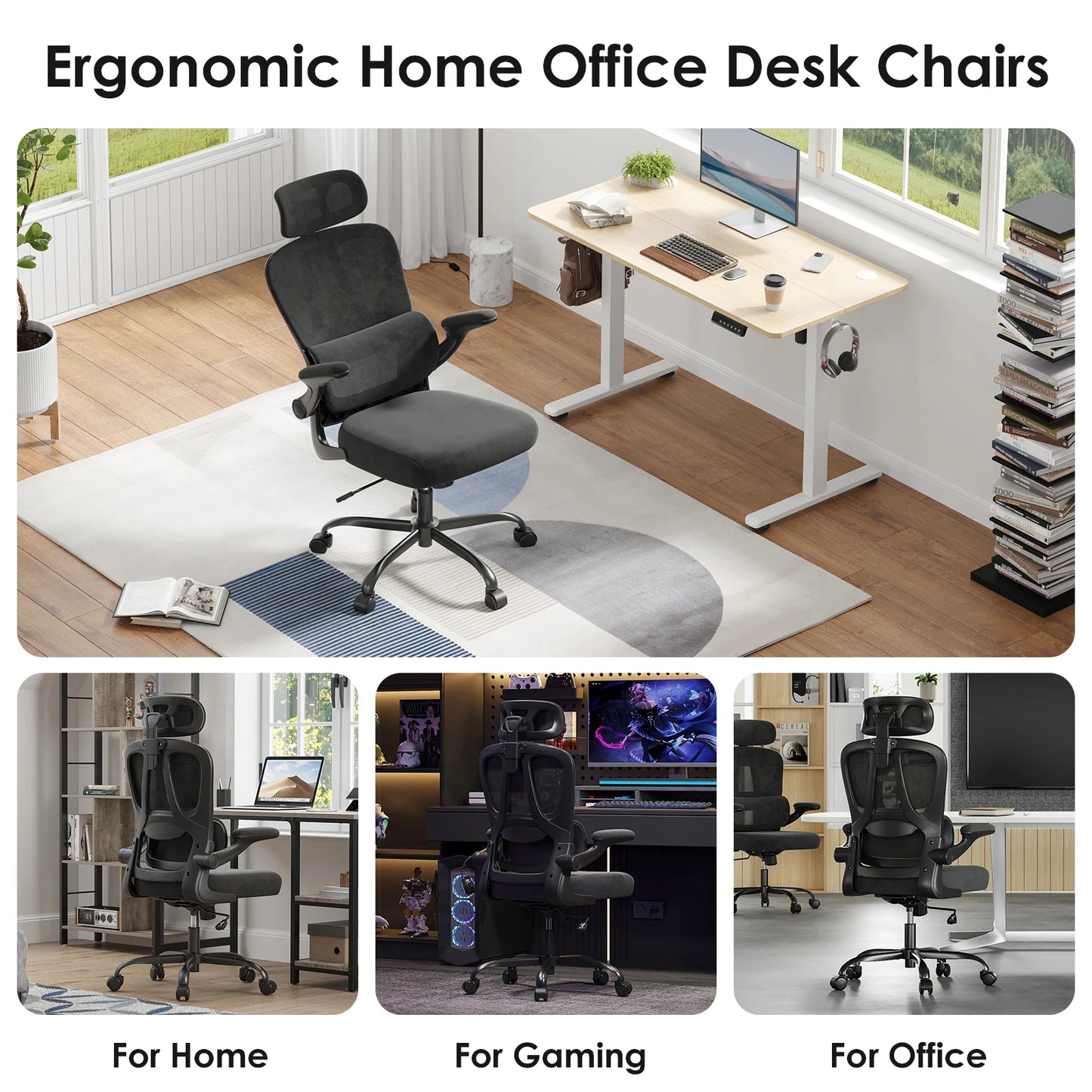 Ergonomic High Back Office Chair with Adjustable Headrest, Lumbar Support, Flip-Up Armrests & Reclining Computer Desk Chair