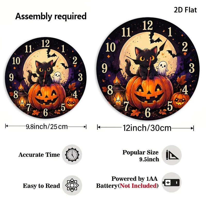 Black Cat & Pumpkin Halloween Wall Clock . Silent Non-Ticking Decorative Clock for Spooky Home Décor