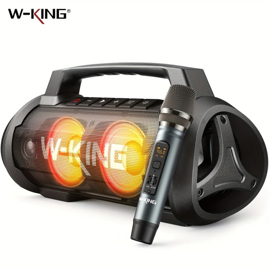 W-KING Portable Bluetooth Party Speaker with Wireless Microphones – Waterproof Outdoor Speaker with Deep Bass, RGB Lights & Rechargeable Battery  Description