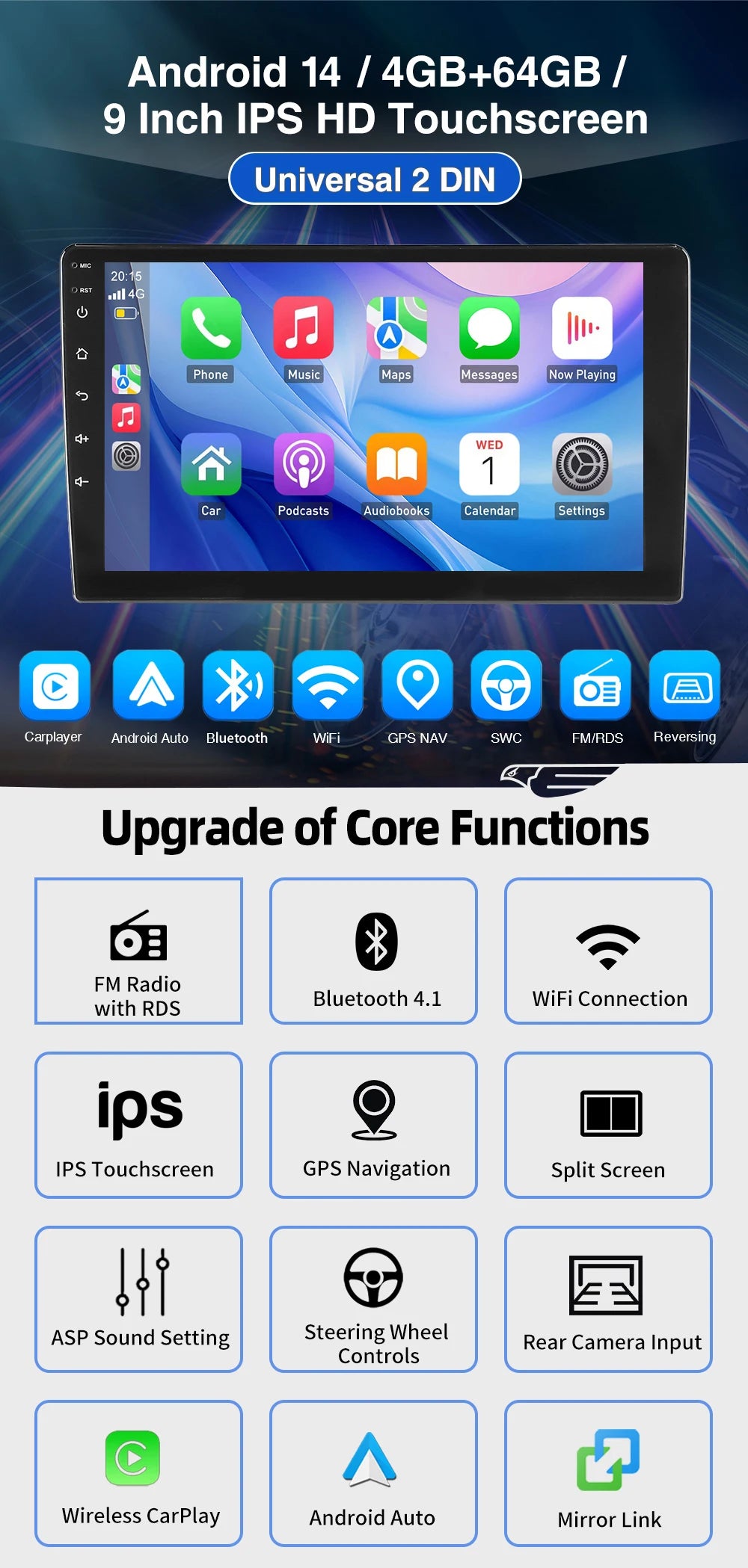 ESSGOO Android 14 Car Stereo . 7”/9”/10” Touchscreen with Wireless CarPlay, Android Auto, GPS Navigation & Bluetooth