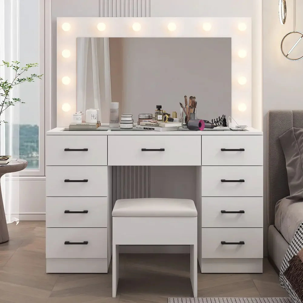 Makeup Vanity Desk Set Large LED Mirror with 9 Drawers Dresser & Power Outlet