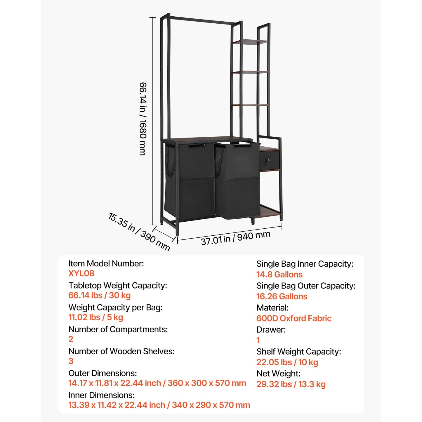 3-Section Laundry Sorter with Storage Shelf. Rolling Laundry Organizer