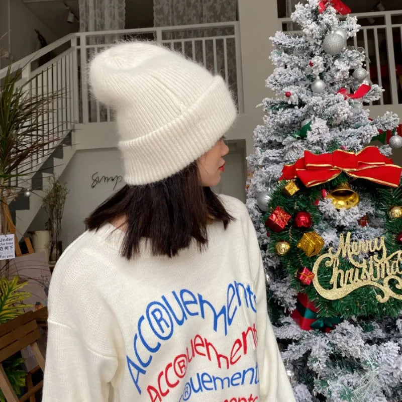Warm Cashmere Wool Beanie For Women Rabbit Fur Threefold Cap