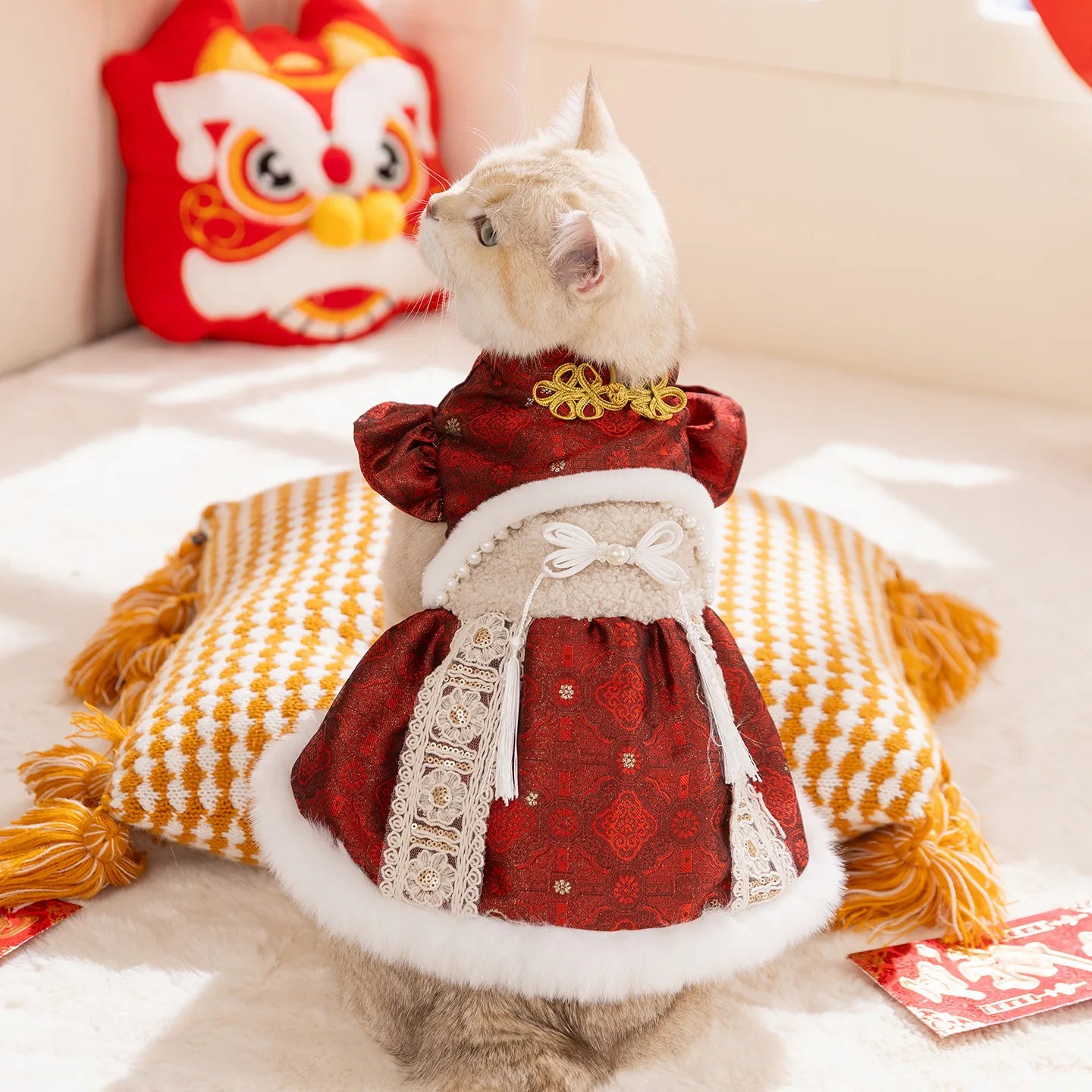 New Year Dog Dragon Robe Costume Warm Cat Cheongsam Winter Pet Vest of The Tang Dynasty Christmas Coat for Cat Teddy Bichon Dogs