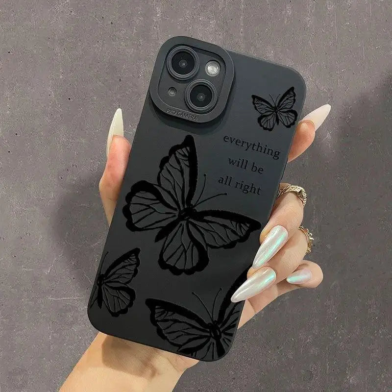 Minimalist Butterfly iPhone Case .  Matte Black Aesthetic Protective Phone Cover (iPhone 11–17 Series