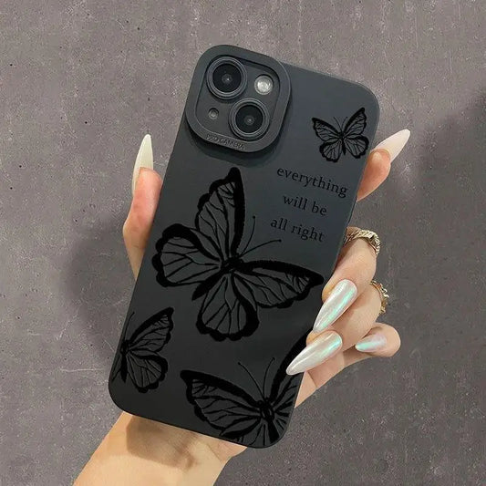 Minimalist Butterfly iPhone Case .  Matte Black Aesthetic Protective Phone Cover (iPhone 11–17 Series